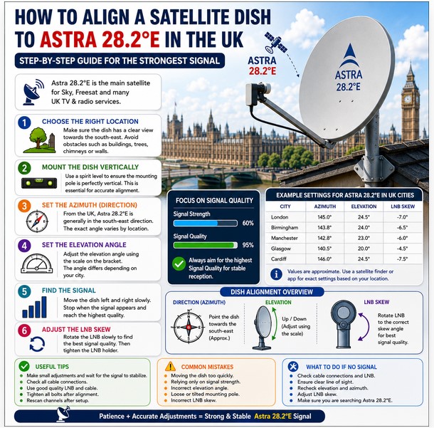 How to Properly Align a Satellite Dish to Astra 28.2°E in the UK: Complete Guide to Dish Direction, Elevation and Strong Signal Reception