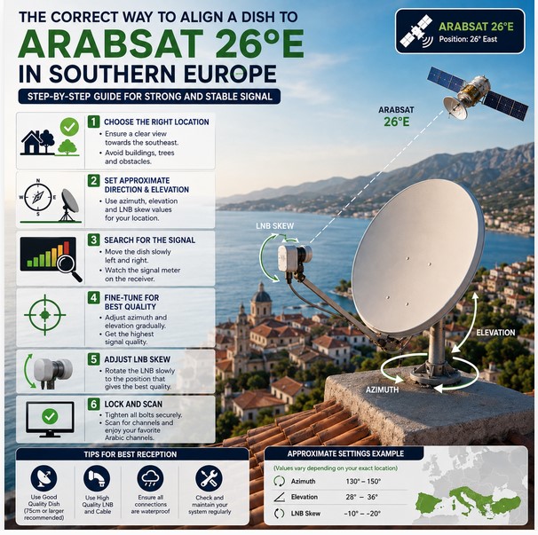 The Correct Way to Align a Satellite Dish to Arabsat 26°E in Southern Europe